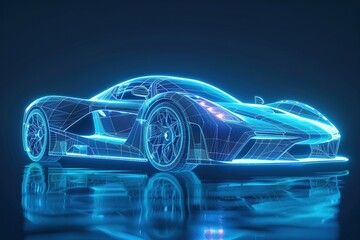 Naklejka premium A holographic blueprint of a futuristic supercar, showcasing its sleek form with intricate patterns formed by glowing neon blue lines, on a dark, isolated background.