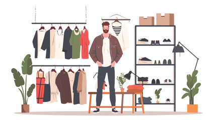 Male stylist with clothes in studio Vector illustration