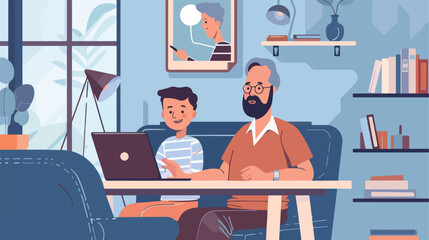 Man and his father with laptop video chatting at home