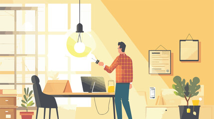 Man changing light bulb of table lamp in office Vector
