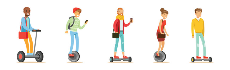 Young Man and Woman Ride Unicycle and Hoverboard Vector Set