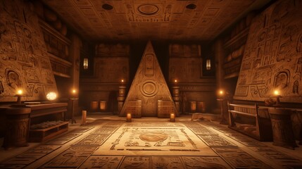 Treasure of ancient egypt. Image of inside an ancient Egyptian pyramid, with various artifacts on the ground and heliographs on the walls.
