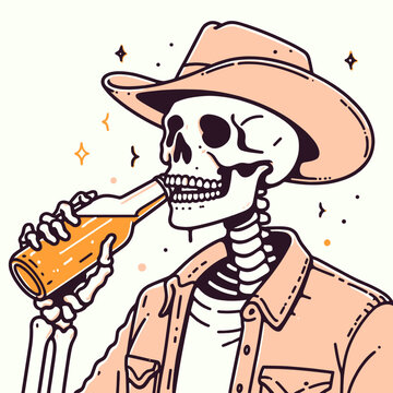 A skeleton wearing a cowboy hat and drinking a beer.