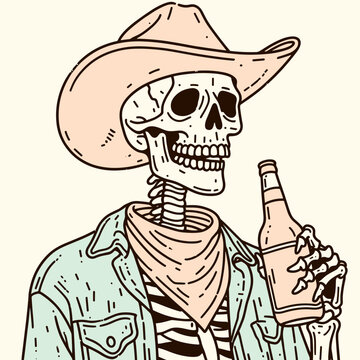 A skeleton wearing a cowboy hat and holding a bottle of beer.
