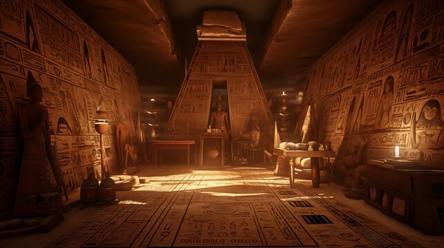 Treasure of ancient egypt. Image of inside an ancient Egyptian pyramid, with various artifacts on the ground and heliographs on the walls.