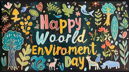"Happy World Environment Day" written in bold, colorful letters on a chalkboard surrounded by images of trees, flowers, and animals.