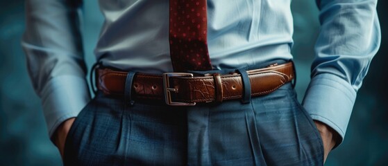 Man wearing brown leather belt and blue shirt - obrazy, fototapety, plakaty
