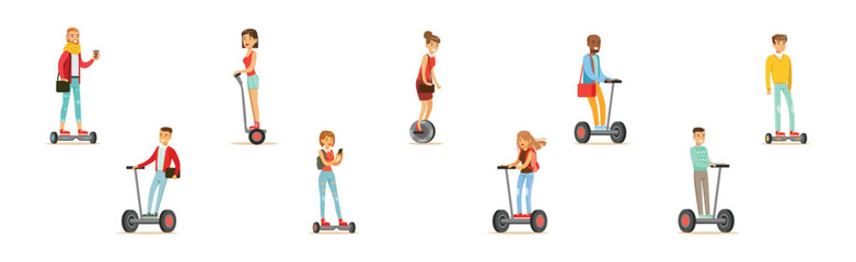 Young Man and Woman Ride Unicycle and Hoverboard Vector Set © topvectors