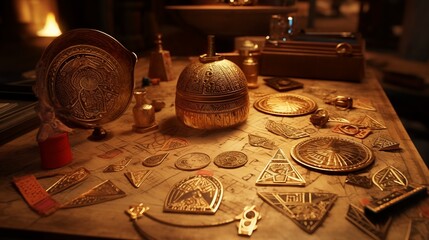 Treasure of ancient egypt. Set of sacred symbols and ornaments of ancient Egypt. Image of inside an ancient Egyptian pyramid, with various artifacts on the ground and heliographs on the walls. - Powered by Adobe
