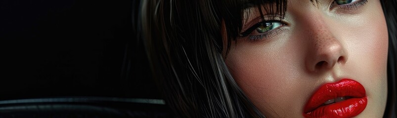 Naklejka premium Close up of woman with red lipstick on black background. Banner with copy space.