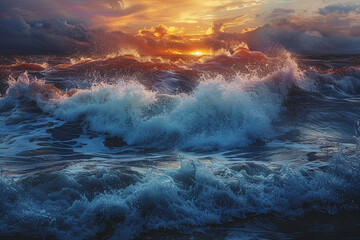 Amazing sunset with foamy sea wave generated by AI - obrazy, fototapety, plakaty