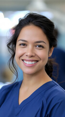 A smiling hospital employee in a medical uniform