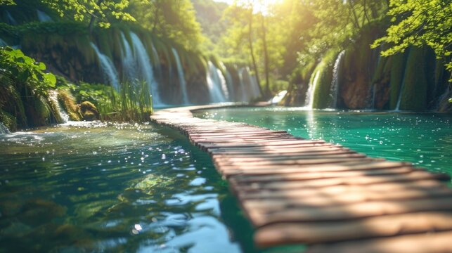 Wooden bridge over river with waterfall in background