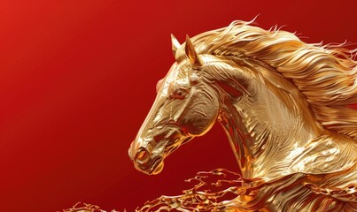 Golden horse statue on a red background. Symbol of Chinese New Year. Banner with copy space.