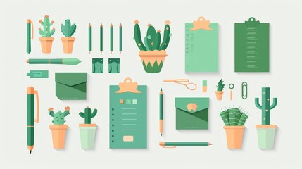 The image contains various green office supplies including a stapler, paper clips, a notepad, a folder, envelopes, a pencil, and a pen. There are also several small cacti in pots.
