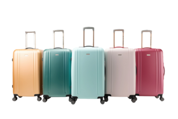 The Traveling Quartet: A Row of Wanderlust Suitcases. On a White or Clear Surface PNG Transparent Background.