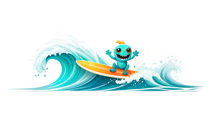 Cute happy  creature surfing with copy space