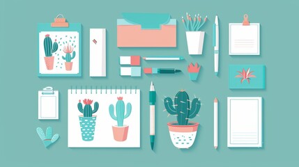 The image contains a desk with a variety of office supplies including a stapler, pens, a notebook, paper, and a cactus.