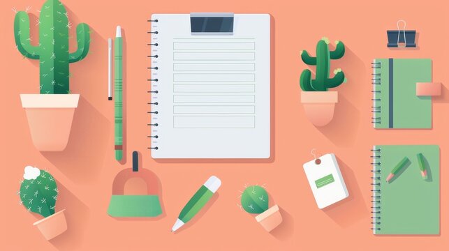 The image contains a desk with a notebook, a pencil, a cactus, a sticky note, a marker, and a paper clip.