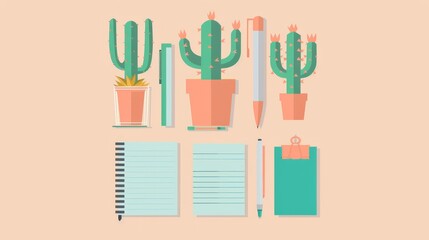 The image shows a desk with a pink background. On the desk are three cacti in pots, a pen, a notebook, a clipboard, and a pencil.