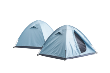 Twin Tranquility: Two Blue Tents in Harmony. On a White or Clear Surface PNG Transparent Background.