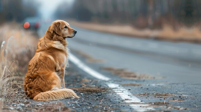 Dog sitting by road next to car