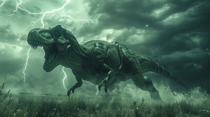 Fototapeta premium A T-Rex standing in a field during a lightning storm.