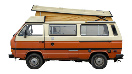 Retro orange camper van with pop-up, cut out - stock png.