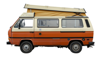 Retro orange camper van with pop-up, cut out - stock png.