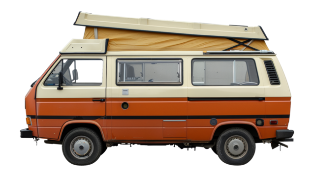 Retro orange camper van with pop-up, cut out - stock png.