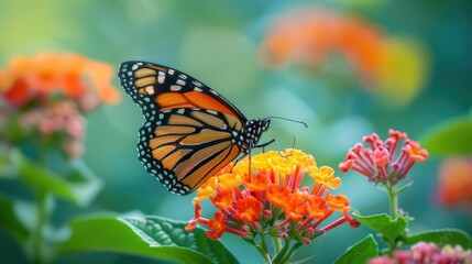 Fototapeta premium Close-up of a butterfly perched on vibrant flower petals, showcasing intricate details of its wings and the plants blooms.