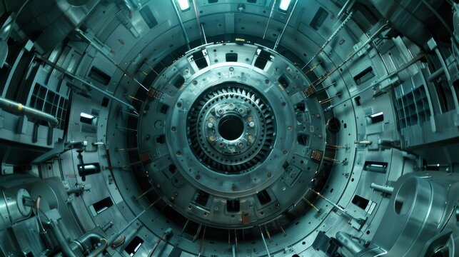 Close-up of the complex interior of a wind turbine, focusing on the gears and machinery - Powered by Adobe
