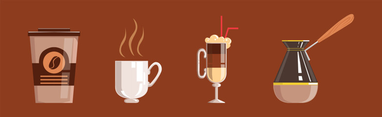 Coffee Cup with Hot Aromatic Drink and Jezve Vector Set