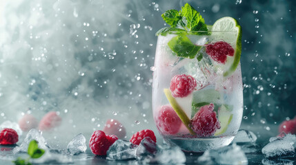 Frozen glass with floating berries and lemon water, splash of ice cubes, hot summer refreshing drink with a soft focus
