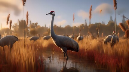 Fototapeta premium 3D rendering of sandhill cranes in a lake at sunset