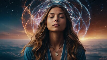 Global Consciousness Meditation: Woman Finding Balance Amid Nebulas - obrazy, fototapety, plakaty
