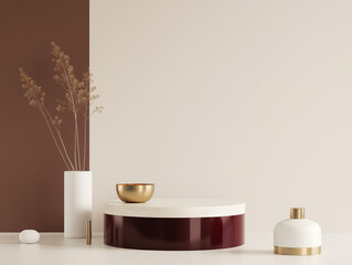 3D podium display, beige background with burgundy red stairs pedestal stand and mirror. Beauty, cosmetic product promotion with reflection. Minimal Studio scene art deco abstract step 3D render mockup