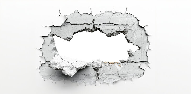 Wall breakthrough hole on white background, cut out - stock png.