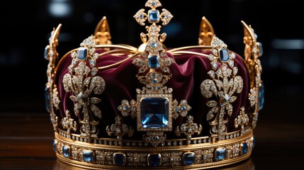 Beautiful rich royal crown with precious stones. Close-up photo.