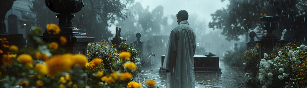 Rainy graveside service, doctor's white coat draped over casket, muted colors, eye-level, cinematic, heartfelt memorial