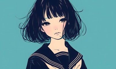 anime style. Beautiful girl wearing a sailor suit on a simple one color background, Generative AI 