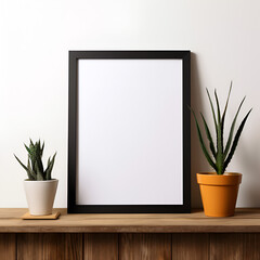 A Dark modern blank picture frame on a shelf