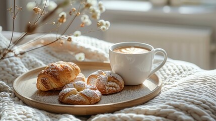 Cup of coffee and croissants on plate