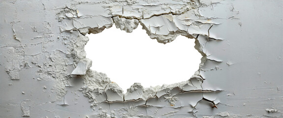 Damaged white wall with large cracks, cut out - stock png.