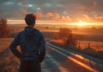Fototapeta premium A man stands on the road at sunset