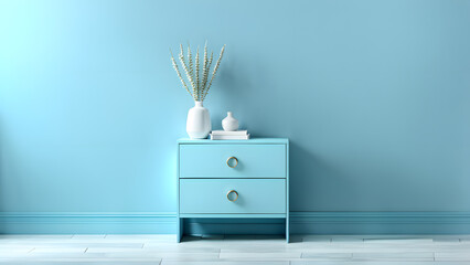A blue nightstand with a white vase on top of it