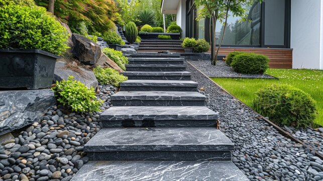 Concrete steps leading up to a suburban house with a picket fence and green lawn.