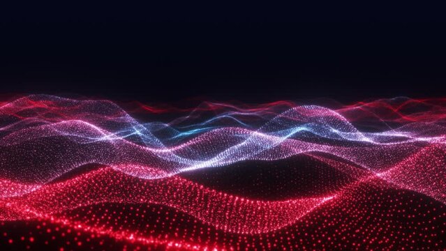 Magical background of small particles create big waves, in red and blue colors, Video in 4K
