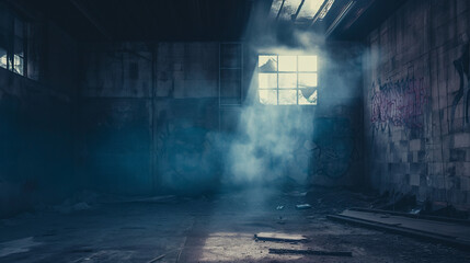 Desolation and Mystery: Graffiti Walls and Debris in Mist-Filled Abandoned Room Illuminated by Sunbeam