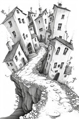 Surreal Illustration of Twisting Houses on Rocky Cliff with Whimsical Details